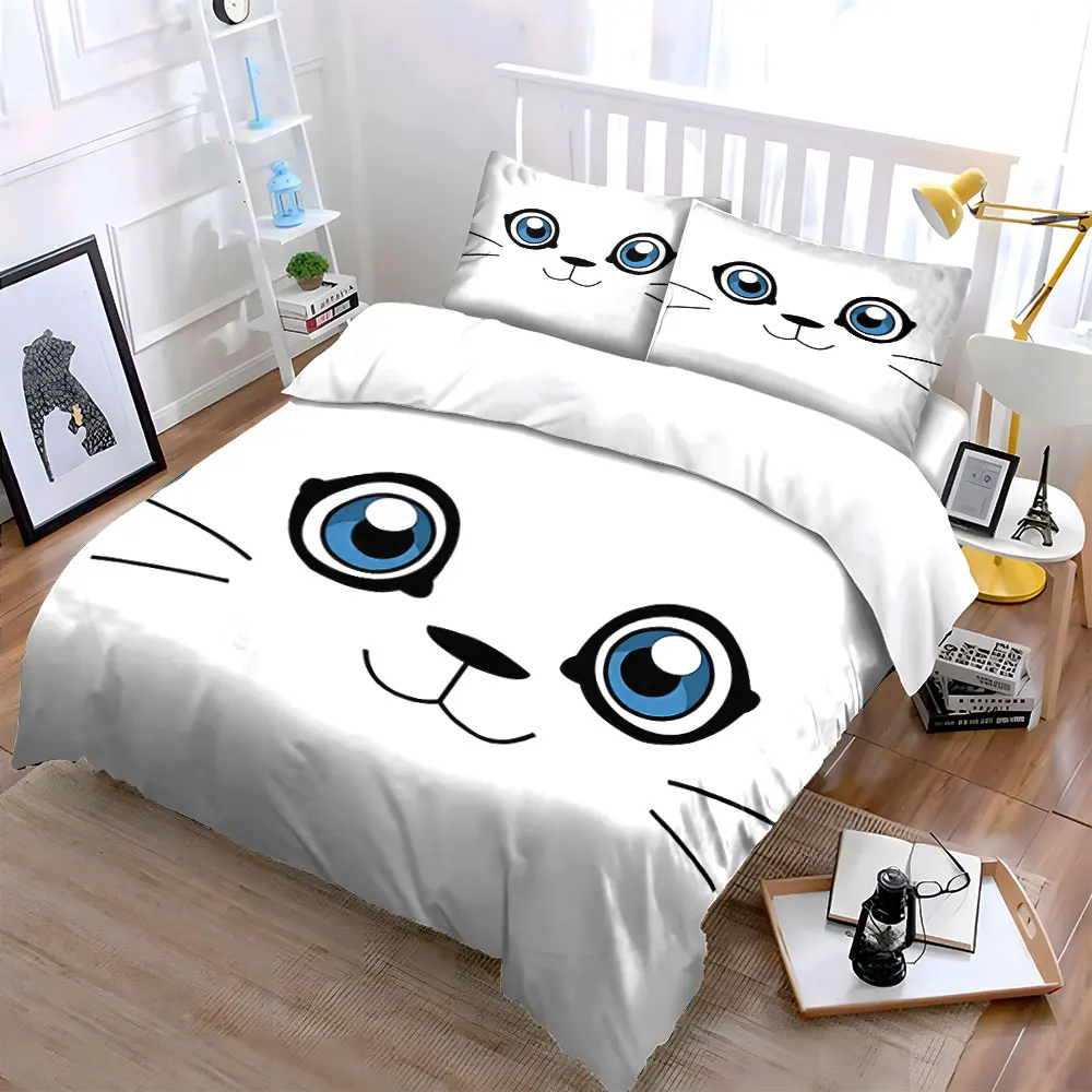 Cute Cat Design Sticker Set Soft Skin-Friendly Bedding Set Includes 1 Duvet Cover And 2 Pillowcase, Gift