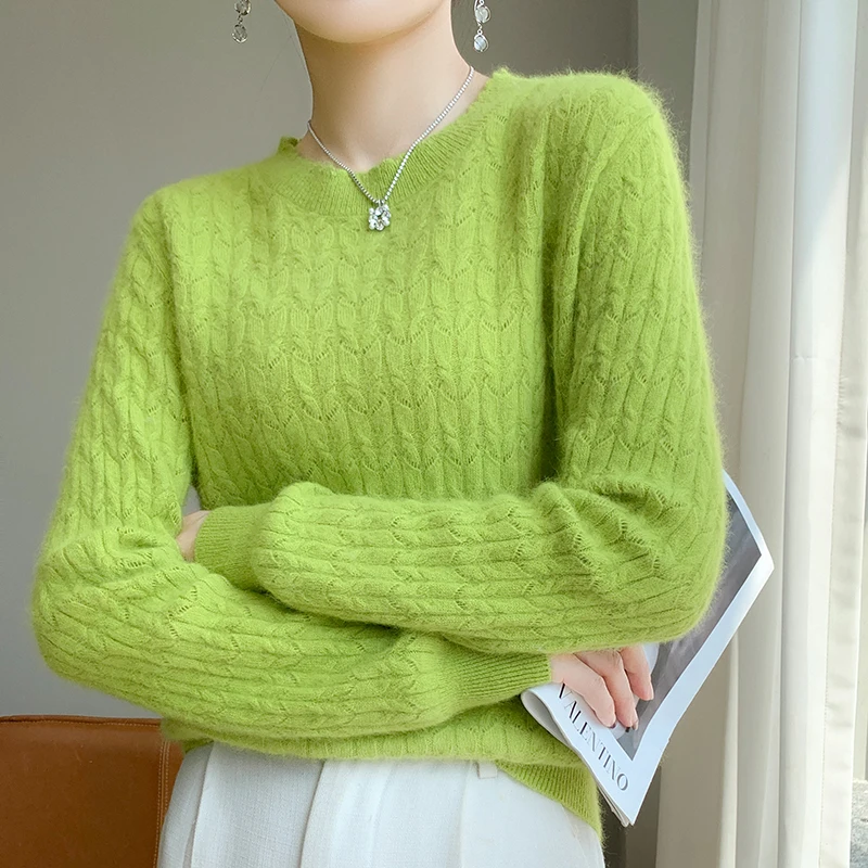 

Autumn Winter New 100% Wool Sweater for Women Round Neck Twisted Pullover Loose Knitted Sweater Cable Knit Sweater Base Shirt
