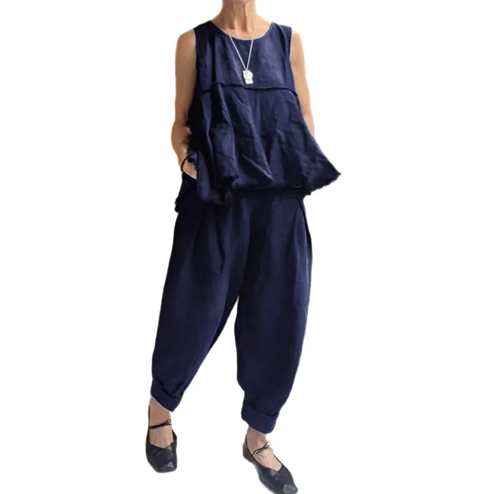 Eleganckie komplety damskie, letnie, nowe, bez rękawów, bawełniano-lniane, dwuczęściowe spodnie, zestaw codzienny, duże komplety.