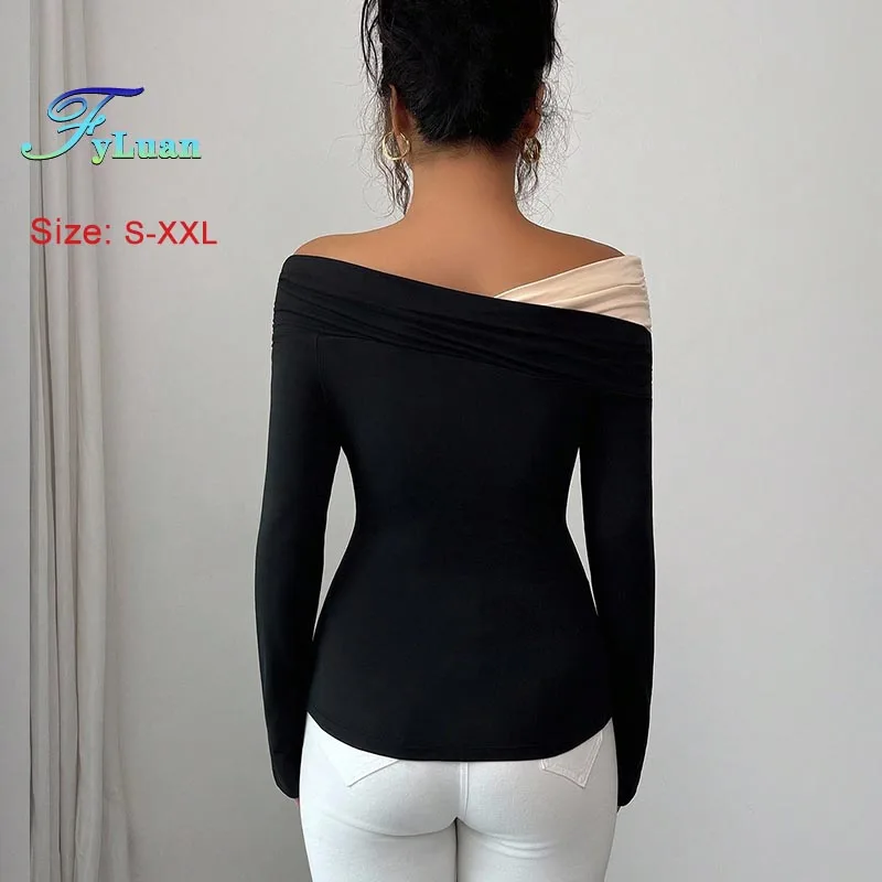 Prosta damska odzież z odkrytymi ramionami, nieregularny dekolt, długi rękaw, dopasowana koszulka, blokowanie kolorów, seksowne obcisłe bluzki damskie, łączona od wewnątrz.
