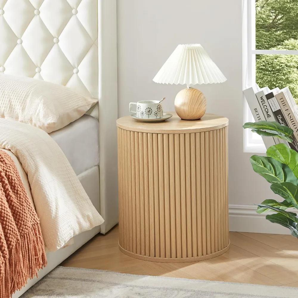 

Fluted Round Side Table with Storage, Small End Table Modern Boho Nightstands, Circle Bedside Tables Bohemian Accent Tabl