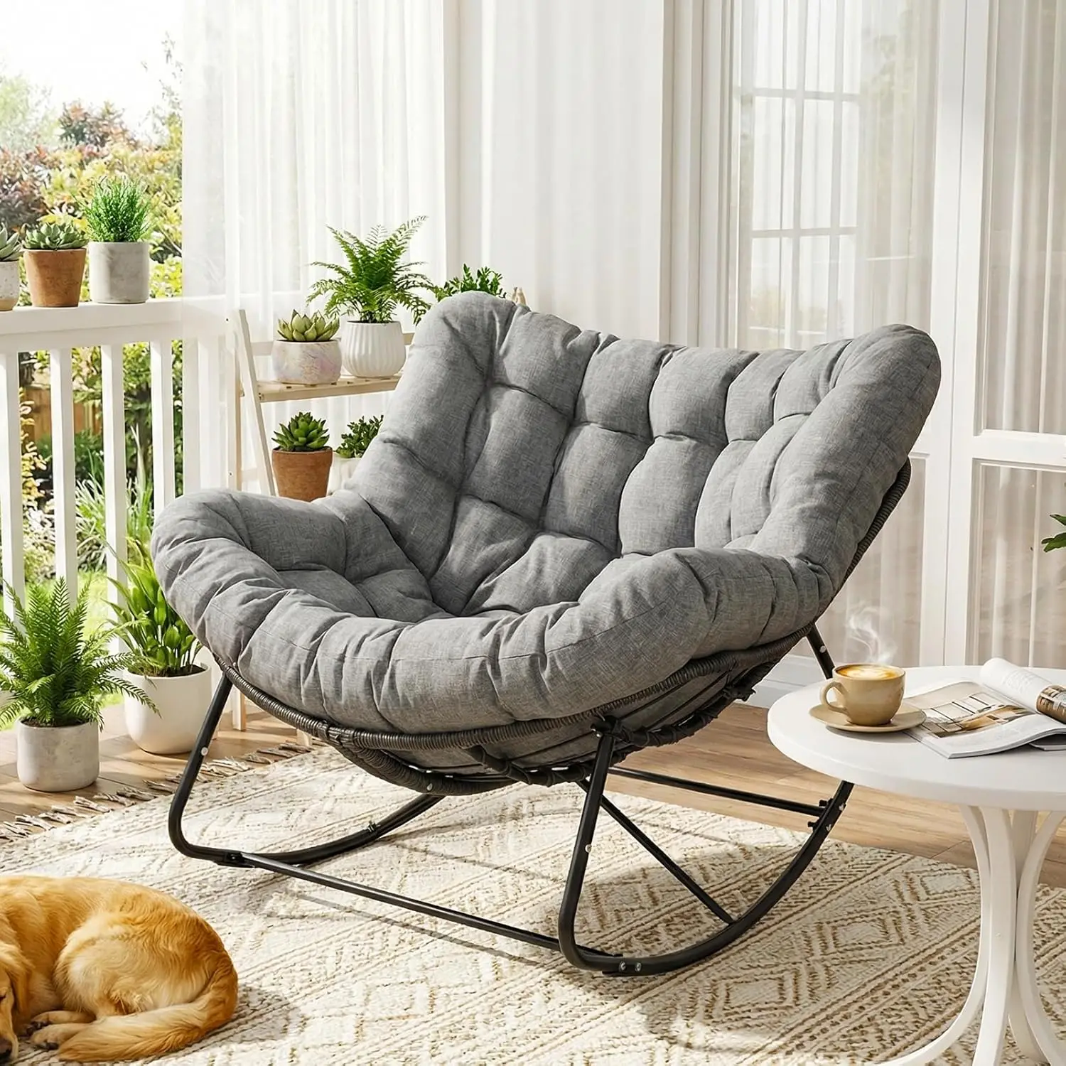 Übergroßer Schaukelstuhl mit Dicker Polsterung, Komfortabler Nest-Schaukelstuhl für Draußen, Egg Chair mit Wasserfestem Abnehmbarem Kissen & Gurten, Metallrahmen, 150kg Tragkraft
