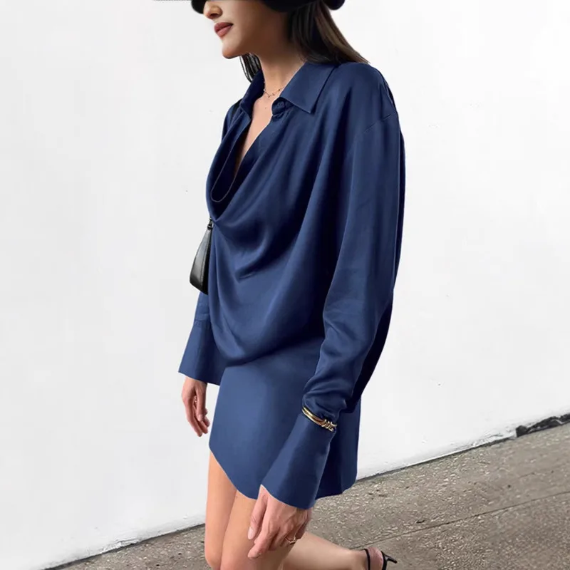 우아한 프렌치 블루 카울 넥 긴 소매 바디콘 드레스 여성 가을 ​​겨울 새틴 허리 드레스 여성용 캐주얼 오피스 드레스