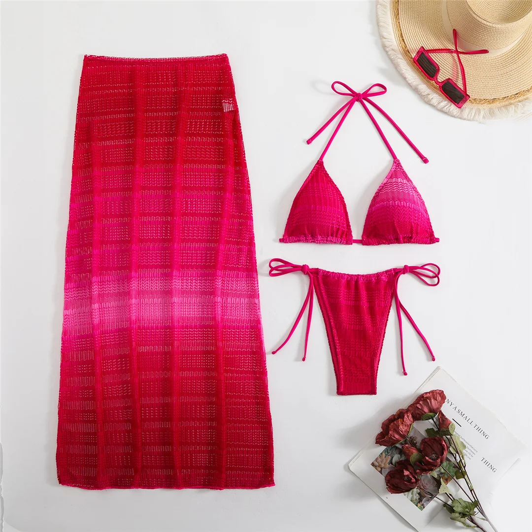3-teiliger Bikini mit Rock, Neckholder und hohem Beinausschnitt, Damen-Badeanzug, dreiteiliges Bikini-Set, Damen-Bademode, Badeanzug, Schwimmanzug V6506 – Detail 8