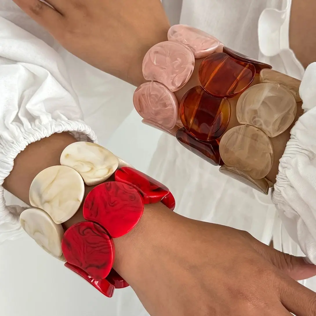 PuRui Trend Red Pink Off White Resin Acrylic Stacking Bangle for Women Exaggerated Vintage Smudge Splicing Wide Bracelet Jewelry