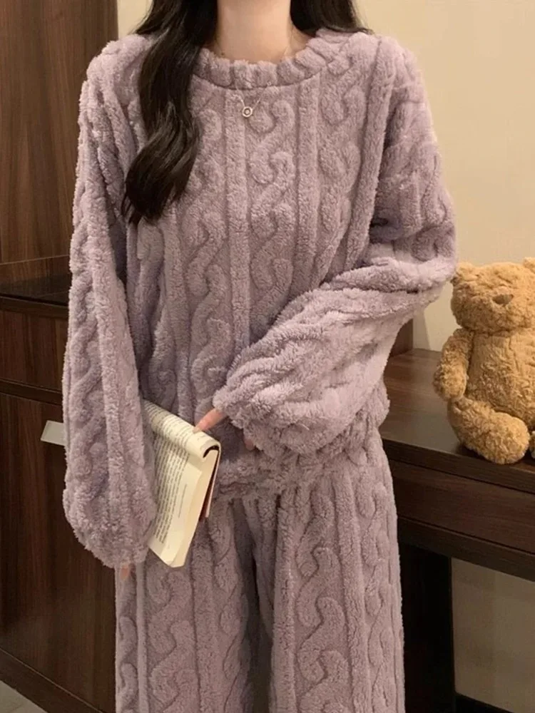 Winter Soft Plush Coral Fleece Women 2 Piece Sets Warm Thick Ribbed Thicken Sets Causal Comfortable O-neck Pajama Home Wears