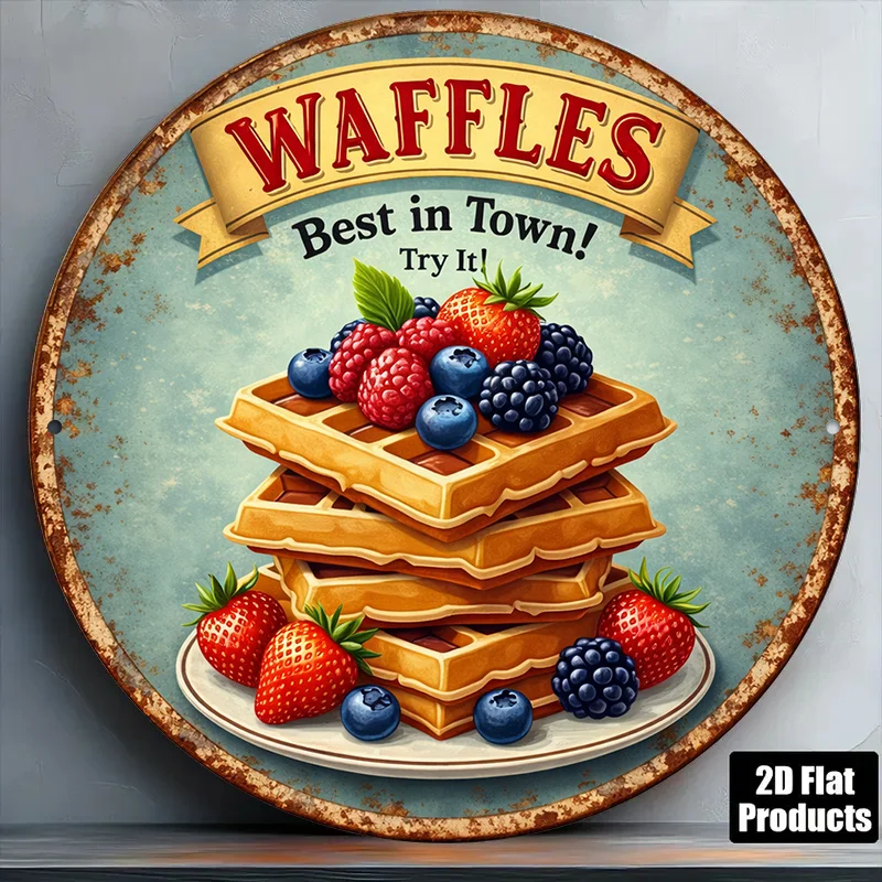 2D Flat, 1pc 1pcs Suitable for Kitchen, Cafe, Restaurant Vintage Waffle Wall Decor Sign with Waffle & Berry Breakfast