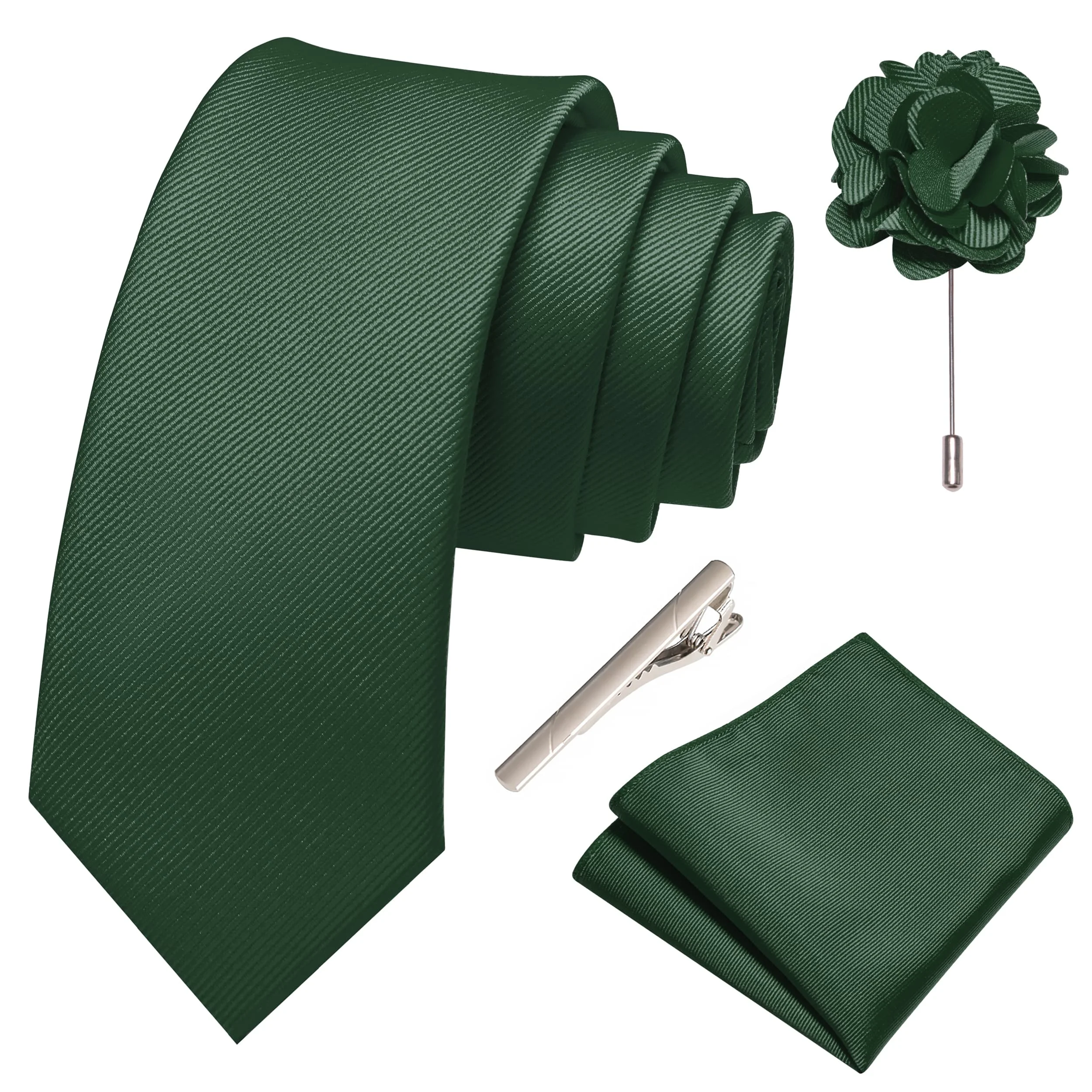 Elegant Men's Solid Color Tie, Tie Clip, Boutonniere, Pocket Square Four-Piece Set. Simple Style Solid Color Business Commuter Interview Suit Tie 6cm Versatile Formal Solid Color Tie Set. High-Quality Men's Gift