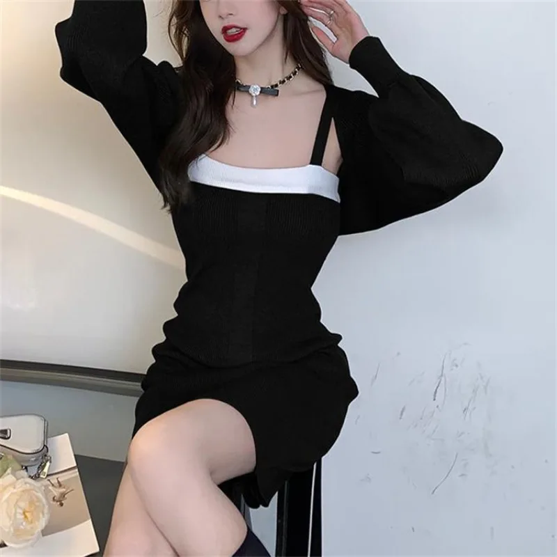 Korean Fashion Knitted Shawl Top Women's New Spring Lazy Slim Fit Slim Strap Wrap Hip Dress Two Piece Set Female Clothing