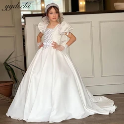 Customized Elegant Princess Ball Gown Flower Girl Dress 2024 Square Neck Puffy Sleeves Birthday Party Kids First Communion Gown