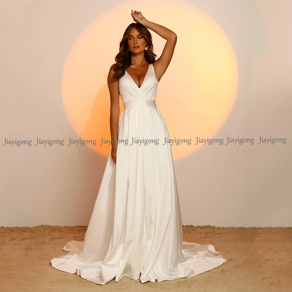 Jiayigong Ivory Wedding Dress Custom Sexy Double V Neck Sleeveless Back Zipper with Buttons Sweep Train Simple Satin Bridal Gown