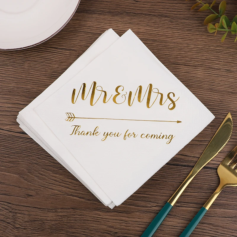 

20Pcs Wedding Napkins Gold Foil Mr Mrs Disposable Paper Napkin Tissues for Wedding Table Decoration Bridal Shower Party Supplies