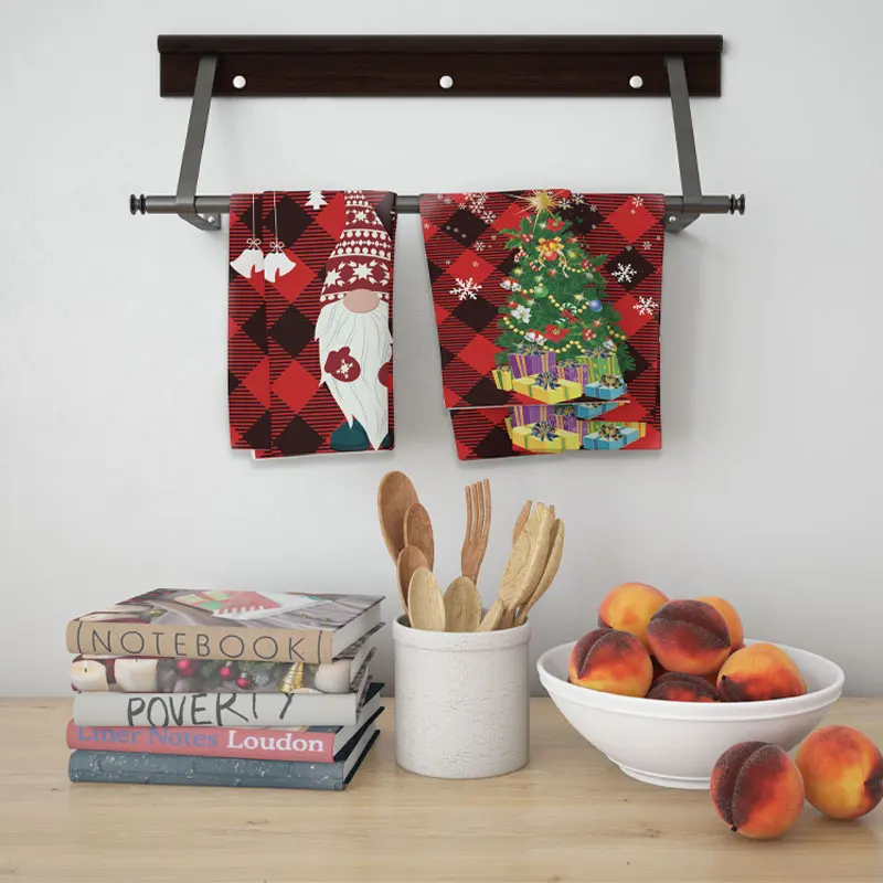 A 5-pack of red plaid Christmas towels, absorbent and lightweight, with cartoon designs