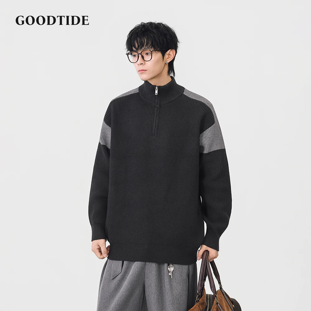 Fashion Men's Casual Half - Zip Mock Neck Sweater 2025 Winter Contrast Panel Ribbed Knit Pullover Soft Long Sleeve Jumper Top