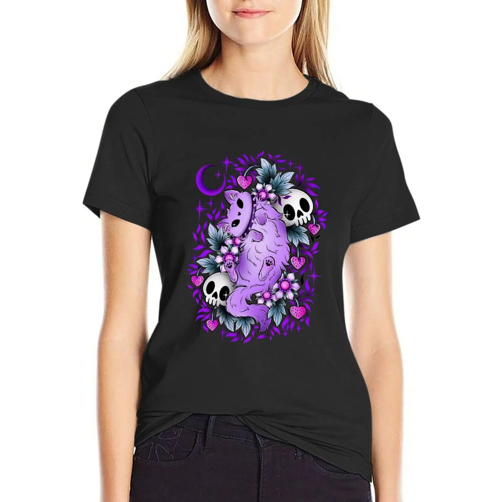 Pastel cat and skulls, purple leaves and black background T-Shirt plus size tops animal print graphics tshirts woman