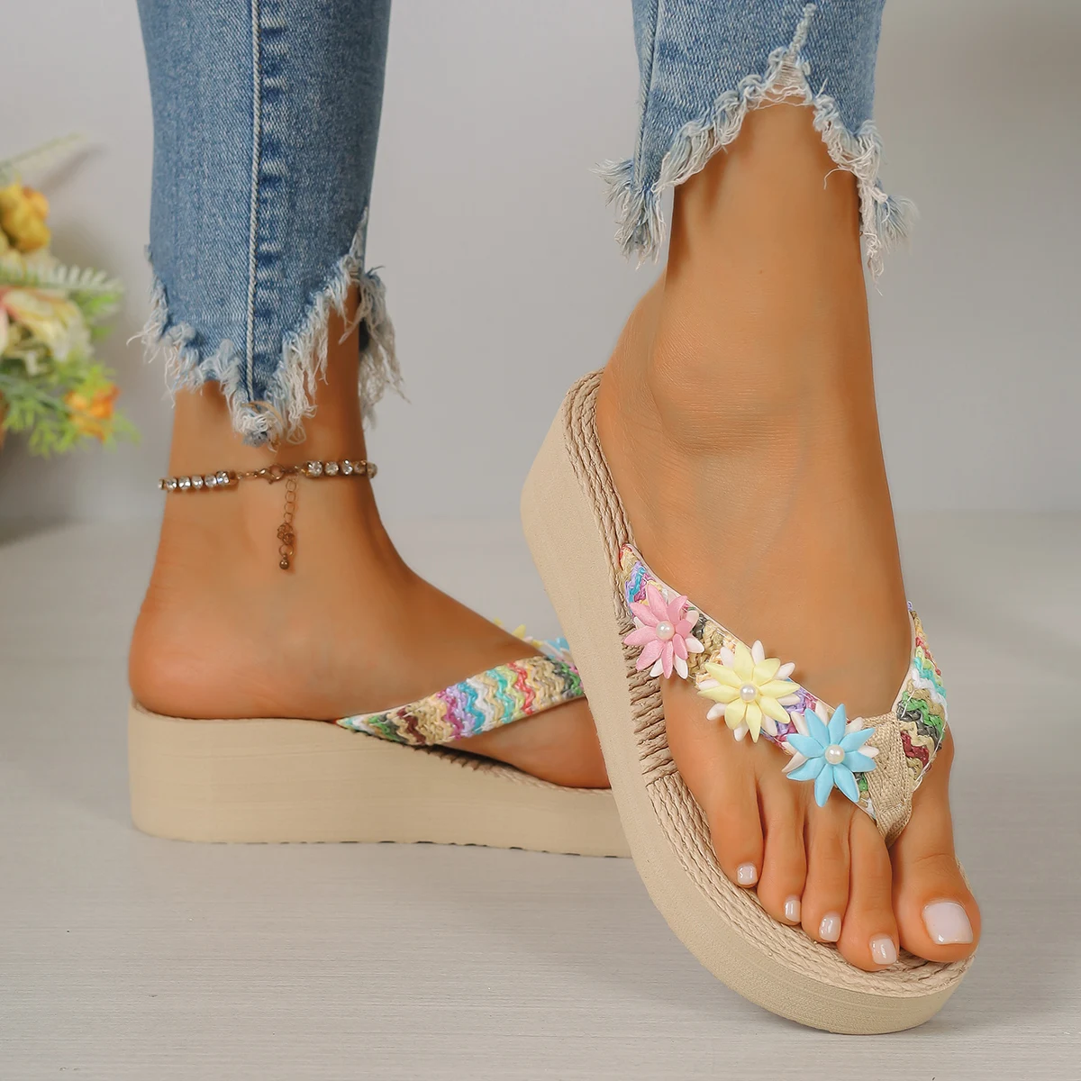 5cm Raffia Cute Little Flower Thick-Soled Summer Flip-Flops