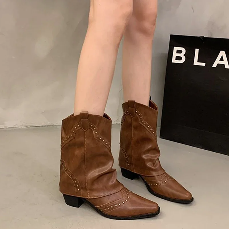 Comemore-Botas de vaqueiro ocidentais para mulheres, saltos grossos, sapatos góticos retrô, bezerro médio, dedo do pé baixo, outono, inverno, rebite