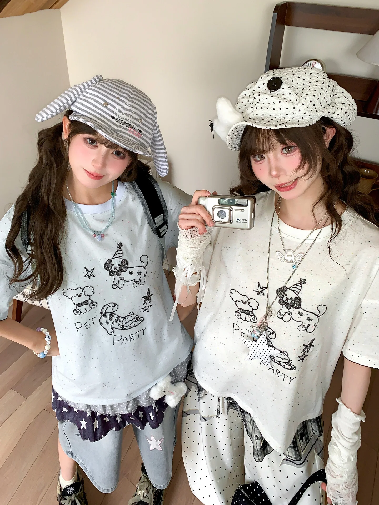 

Sweet Style Animal Party Embroidered T-Shirt Women's Loose Short Sleeve Summer New Arrival Cotton Polyester Blend Casual Top