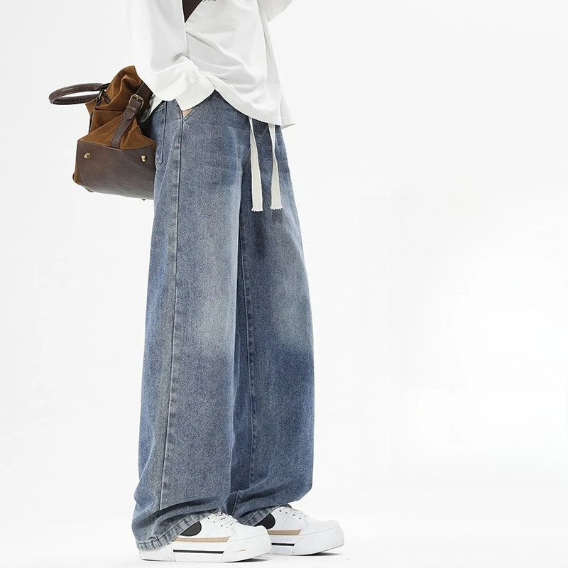 Drawstring Men's Jeans Multi-Color Vintage Loose Denim Pants Soft Wash Aesthetic Spring Casual Street Daily Male Trousers