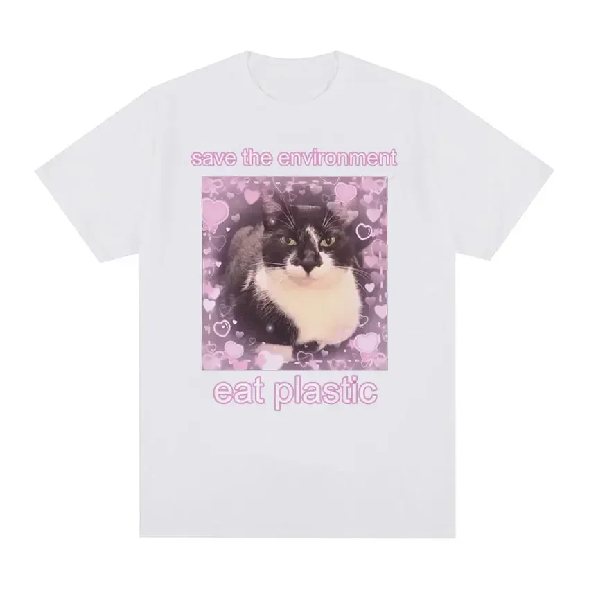 Save The Environment Eat Plastic Cute Cat Graphic Sport Jogging T Shirt Funny Men Women O-Neck Clothing T-shirts Summer T-shirt