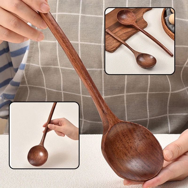 (.) Long Handle Ramen Wooden Spoon Japanese Kitchen Cooking Utensils Tableware Serving Tablespoons Home Large Soup Ladle