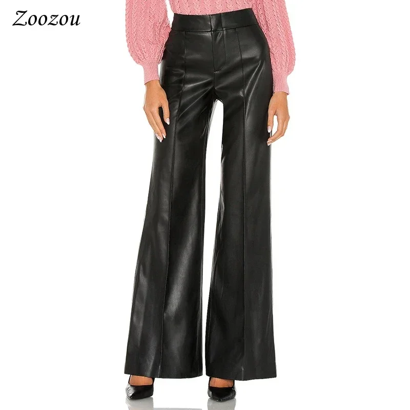 Women Splicing Matte Faux Leather High Waist Flare Pants Office Ladies PU Casual Loose Straight Trousers New Fashion Hot Custom