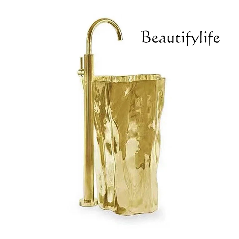 Q Stainless steel light luxury art wash basin villa household bathroom advanced creative column washbasin