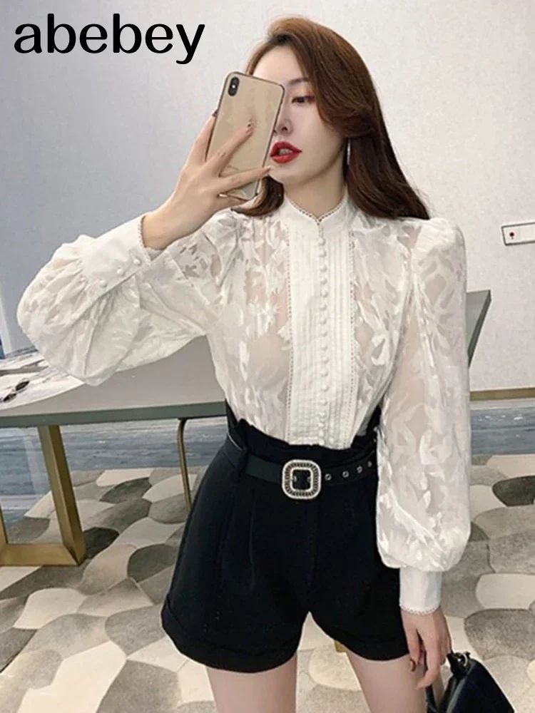 Korean Shirts For Women Stand Collar Puff Long Sleeve Patchwork Buttons Designer  Loose Blouses Female 2024 w