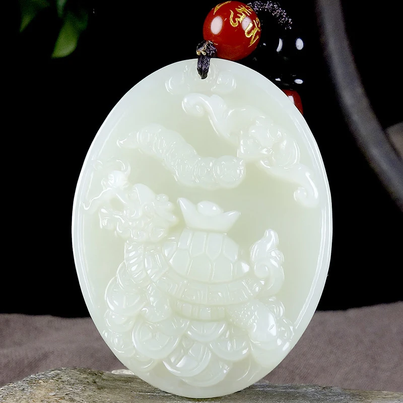 Pendant, finely carved Hotan jade, presents treasures, blessings, and good fortu