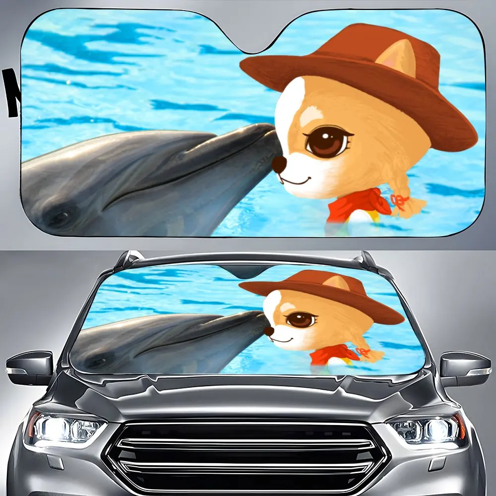 Chihuahua Dolphin Car Interior Front Windshield Sun Shade, Auto Accessories Chihuahua Sunshade for SUV- Blocks Uv Rays Protector