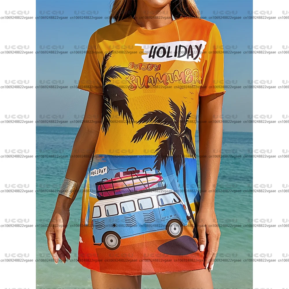 شاطئ البحر عطلة المرأة عادية جزيرة هاواي فستان قصير الأكمام تنورة الشاطئ تي شيرت تي شيرت هدية Y2k لينة ملابس خاصة في الهواء الطلق جديد
