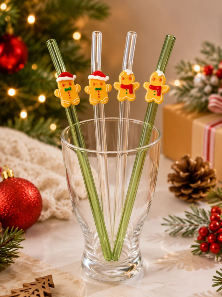 4PCS Christmas Gingerbread Man Green Bent Glass Straw, Reusable for Drinks, Family Gathering Present