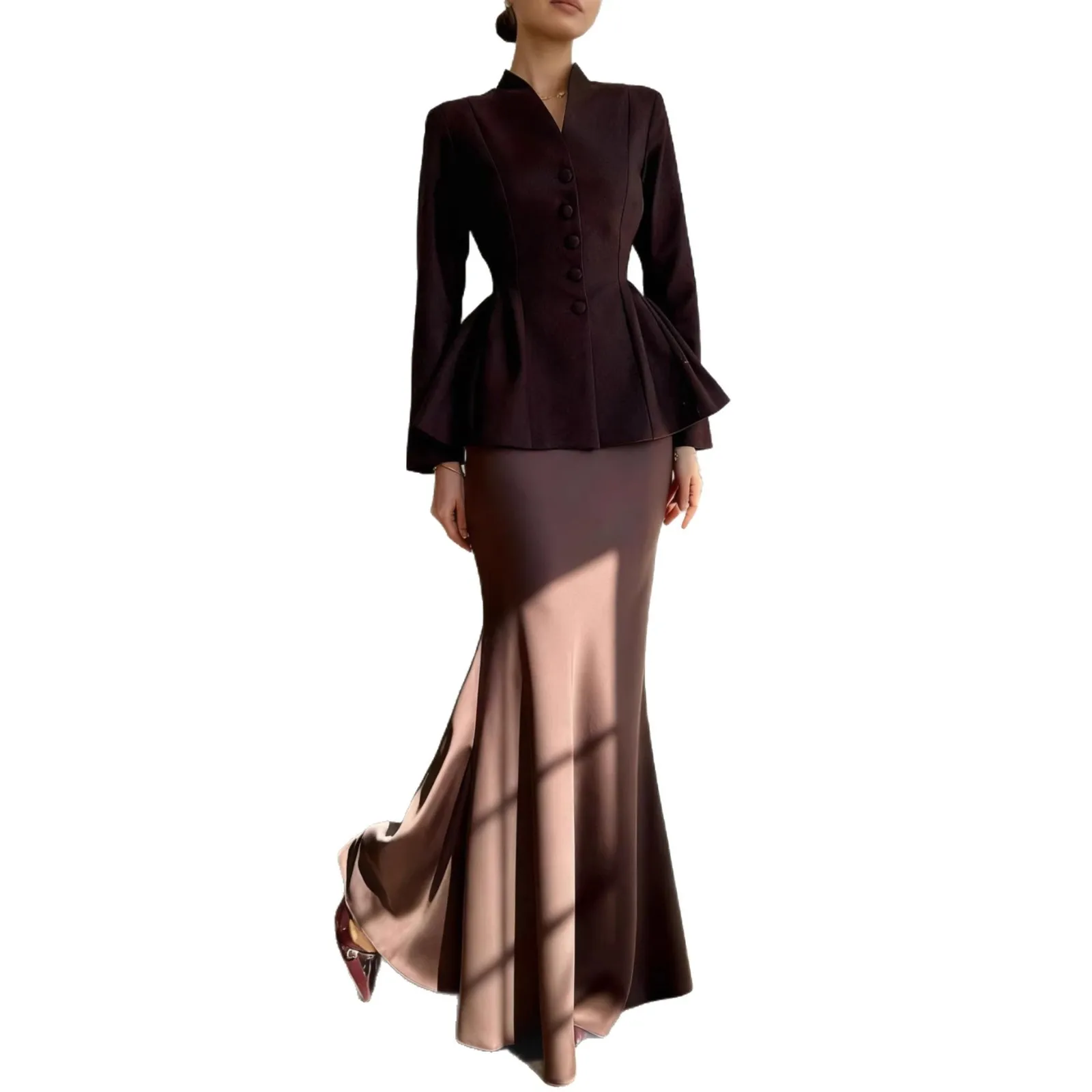 Long Sleeve High Waist Set a Line Silhouette Socialite Style with Slim Fit Evening Dresses Long Sleeve Two Dress for Women