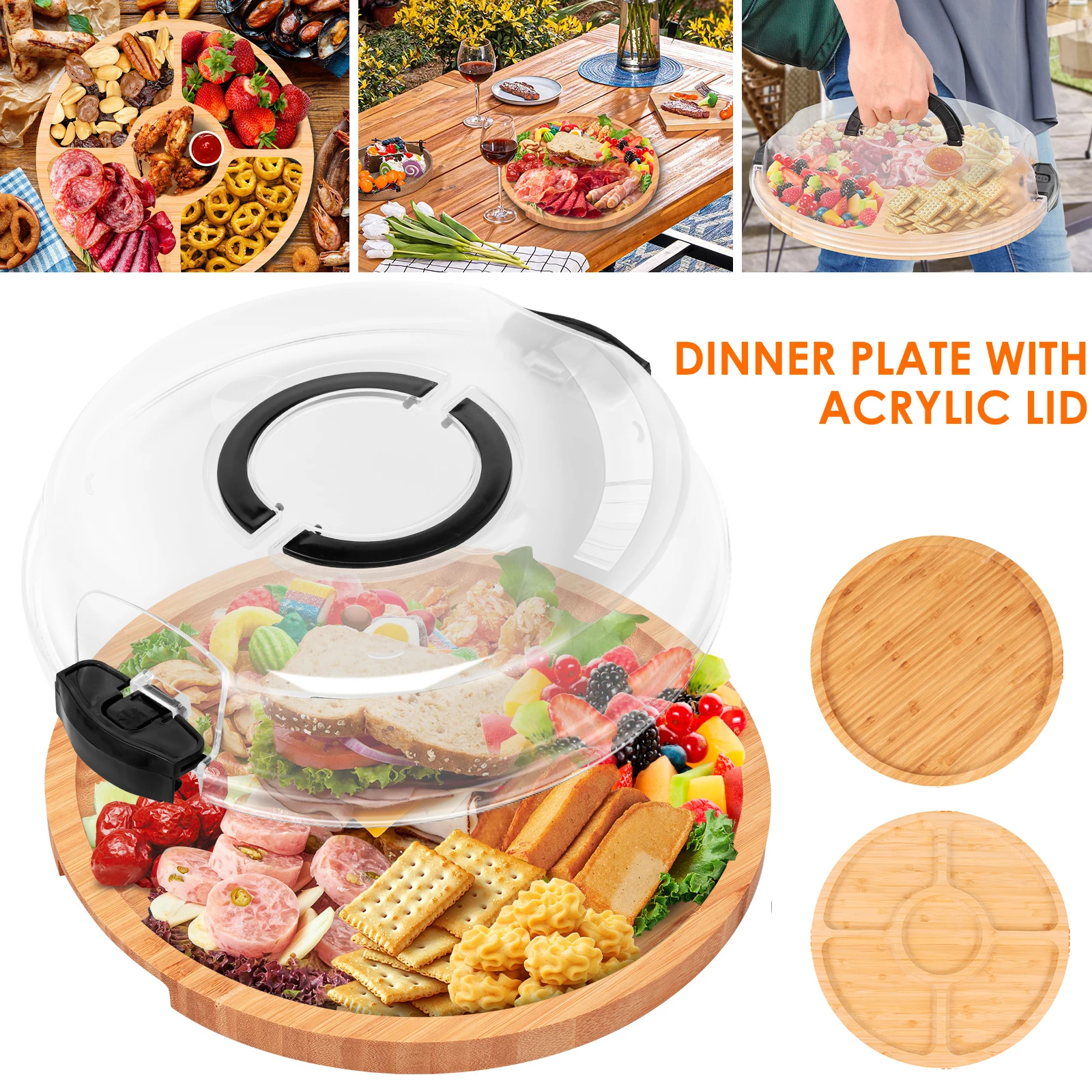Rundes Charcuterie-Brett mit transparentem Deckel, 1/5 Fächer, Obst-Snack-Serviertablett, großes Fassungsvermögen, geteilter Platte für Party-Picknick
