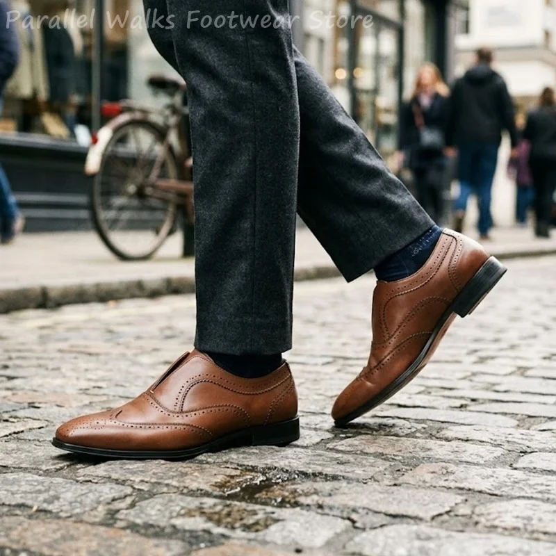 Mens Brown Leather Brogue Shoes Slip On Elastic Perforated Wingtip Formal Evening Party Dress Shoes Oxford Classic Loafers Shoes view 6