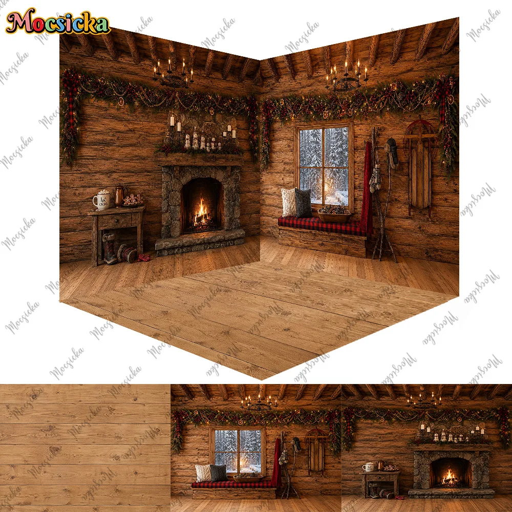 Mocsicka 3D Corner Room Photography Backdrop Wooden House Stone Fireplace Decoration Kid Christmas Party Portrait Studio Prop