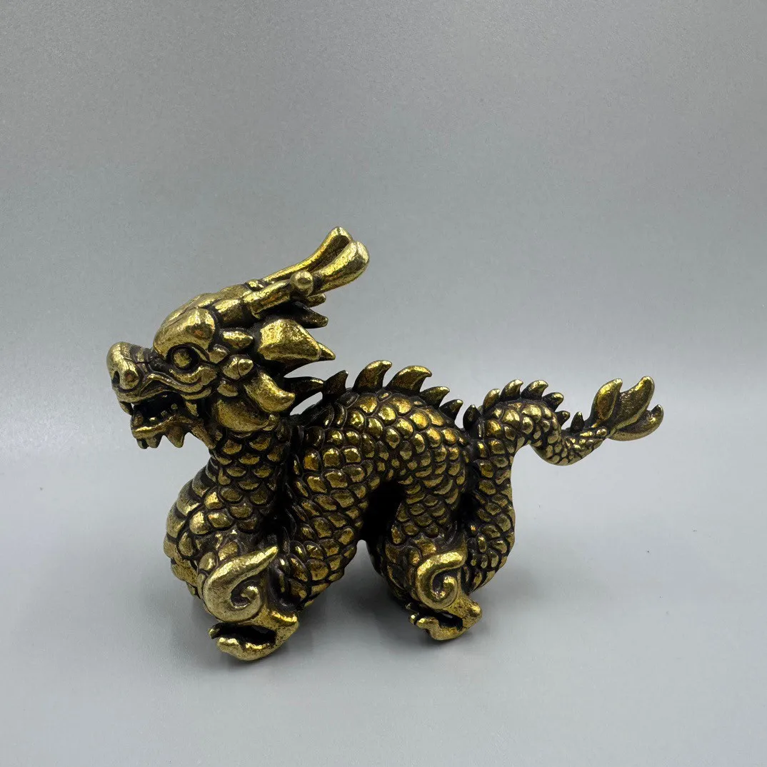 Vintage Pure Brass Chinese Zodiac Dragon Ornament 3D Qinglong Craft Auspicious Mythical Figurine Handmade Home Decor Artwork