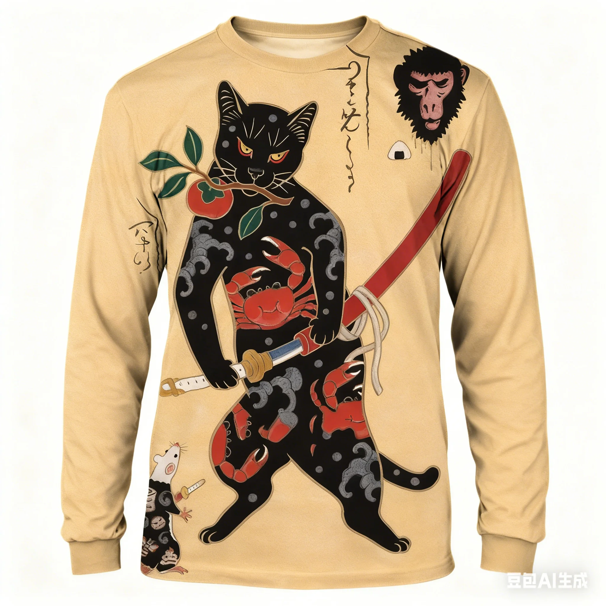 春秋カジュアルOネックルーズ長袖トップス日本武士猫プリントメンズTシャツヒップホップトレンドTシャツy2k服