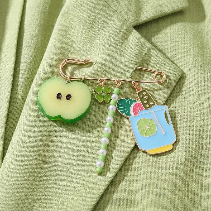 

Exaggerated Design Brooch Colorful Wine Glass Flower Apple Pendant Multi-element Pin Fashion Accessory for Women