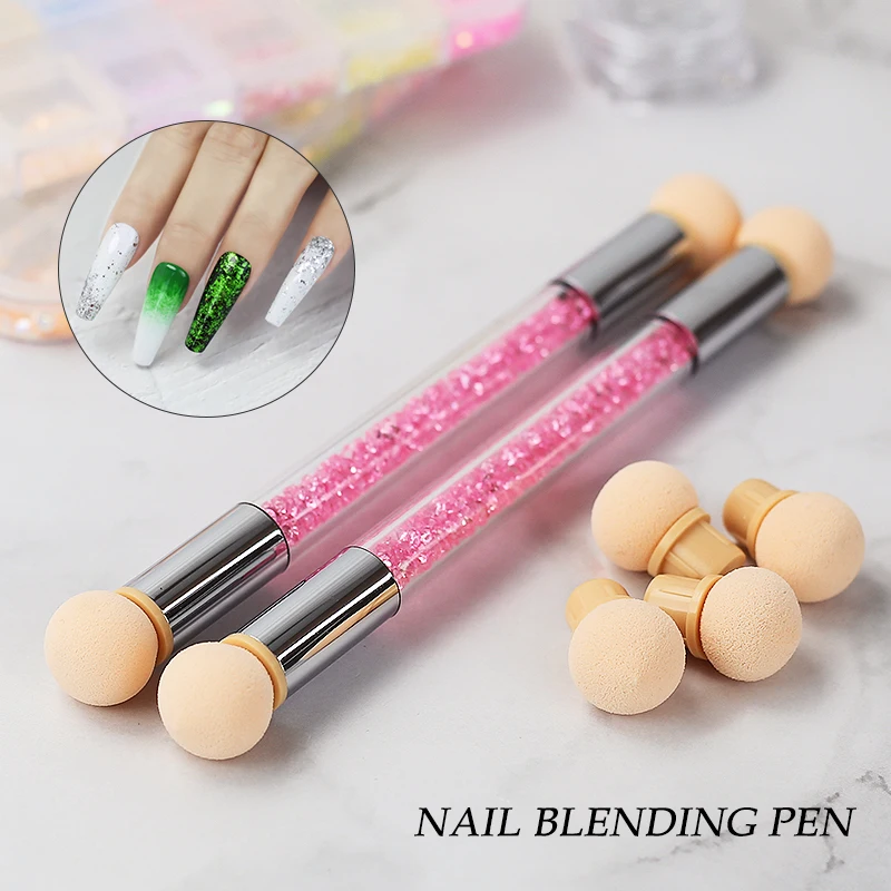 Clou Beaute Nail Art Double ended Shading Pen Brush Removable Set Sponge Brush Manicure Rhinestone Handle Art Nail Polish Tool