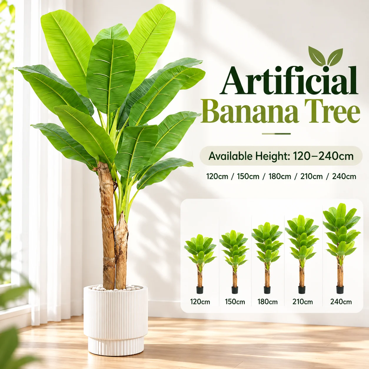 Artificial Banana Tree 120-240cm Large Faux Tropical Plant Realistic Green Leaves Indoor Outdoor Home Office Garden Decor
