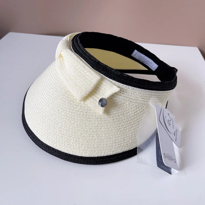 Japanese Fashion UV-CUT Women\'s Wide Brimmed Straw Hat With Black And White Bow Summer Beach Hat Riding Hat High-quality