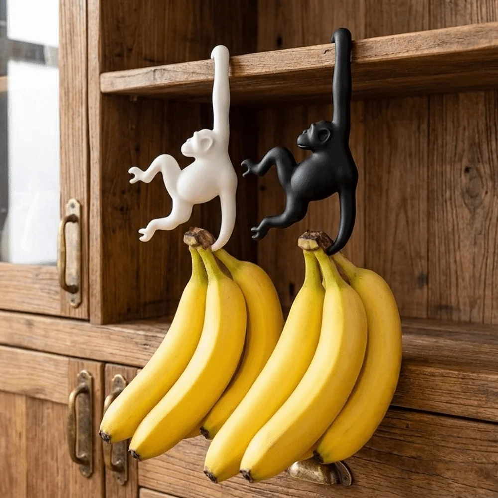 Multi-functional 3D Printed Monkey Shaped Wall Hook Punch-free Plastic Banana Hook Decorative Key Hanger Living Room