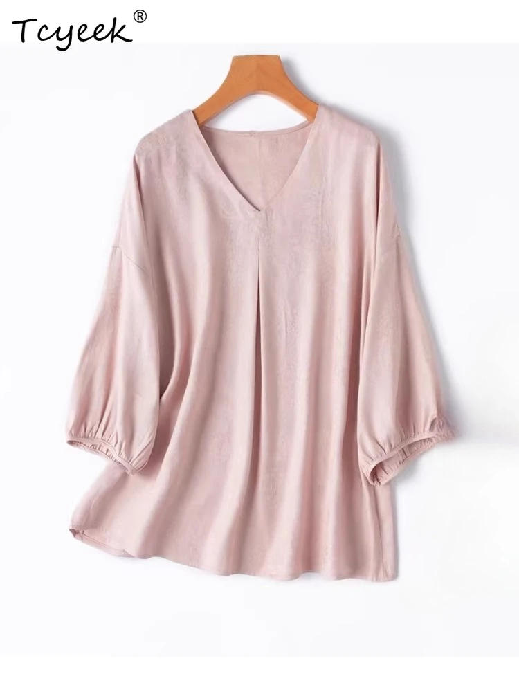 

Tcyeek 100% шелковые женские топы из тутового шелкопряда, элегантные футболки для женщин, летняя одежда 2026, модная футболка свободного кроя, женская футболка