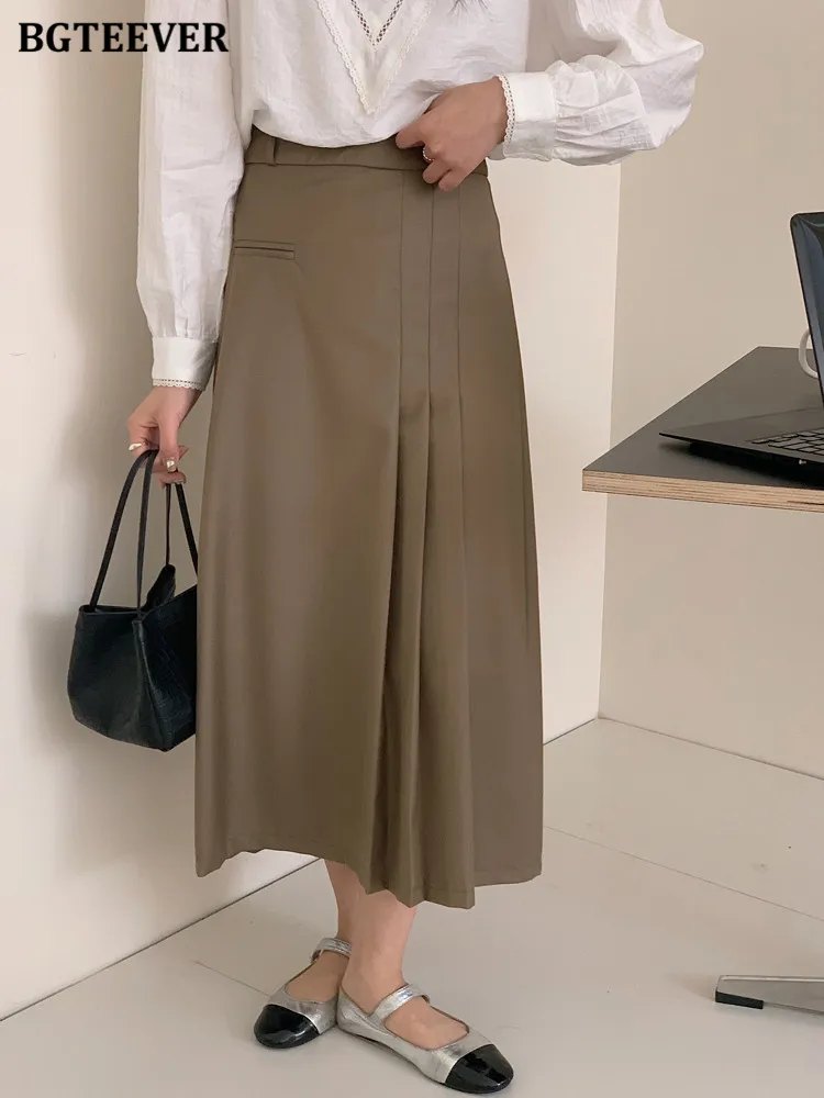 BGTEEVER Spring Summer Chic Loose Irregular Pleated Skirts Women Elegant High Waist Solid Female A-line Skirts