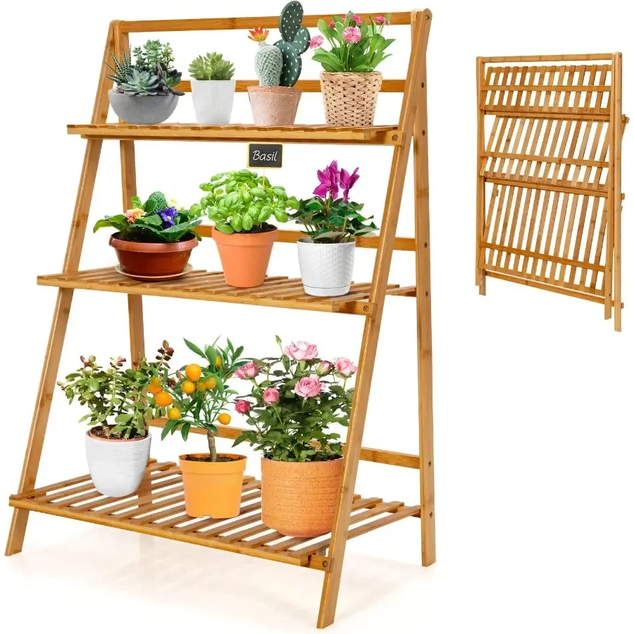 3-Tier Folding Bamboo Ladder Plant Stand for Indoor Outdoor Use – Space-Saving Shelf with Open Shelves for Potted Plants, Succulents, Flowers