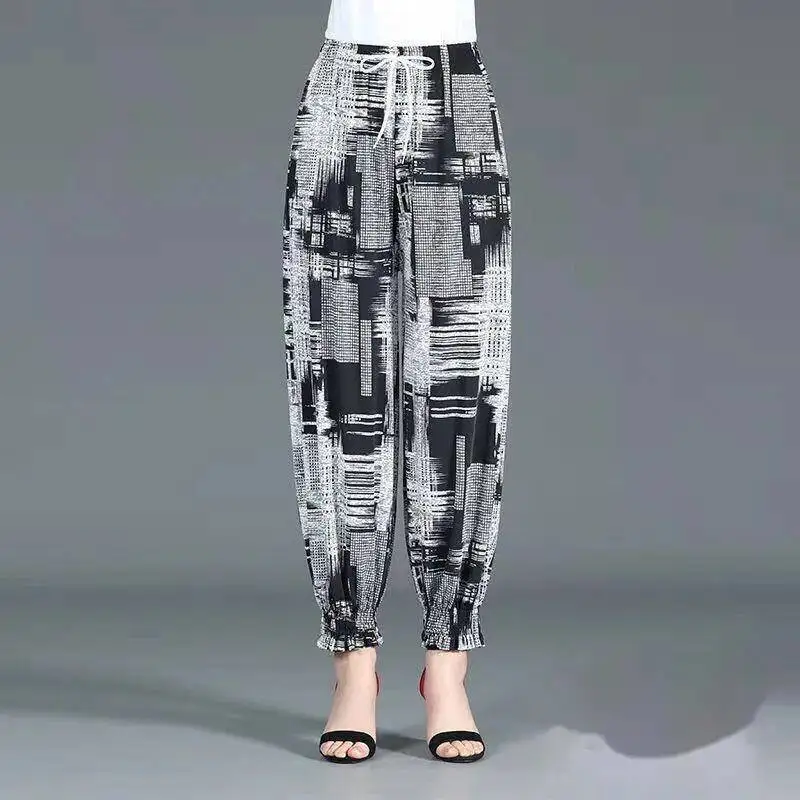 Women Harem Pants 2025 Summer Casual Vintage Printed Beach Pants Elastic High Waist  Fashion Loose Female Cropped Trousers