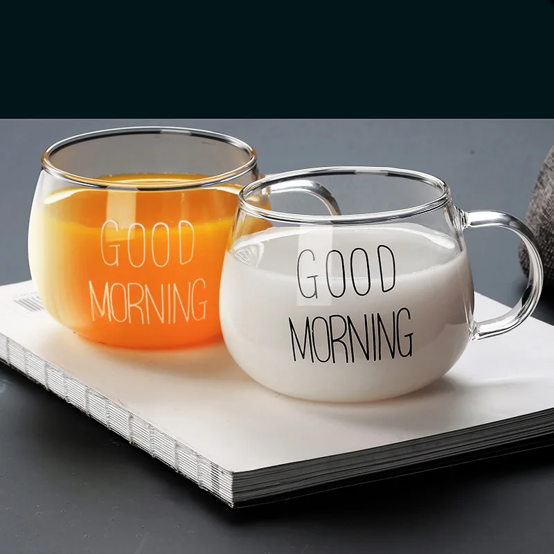 350ml Letter Printed Transparent Creative Glass Coffee Tea Mug Drinks Dessert Breakfast Milk Cup Glass Mugs Handle Drinkware