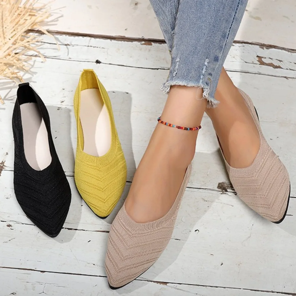 Women\'s Pointed Toe Flat Shoes Solid Color Knitted Slip on Shoes Casual Breathable Ballet Flats Women Flat Shoes  Loafers Women