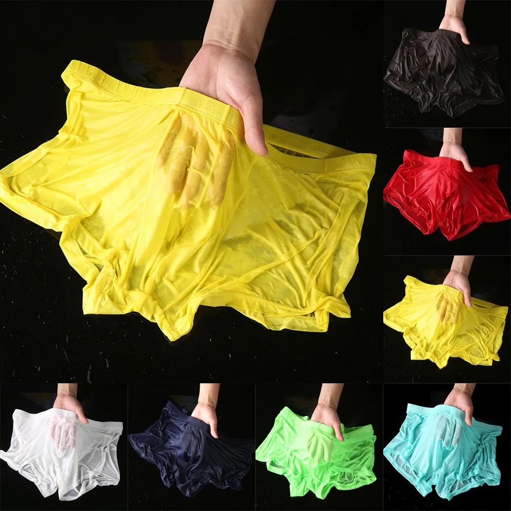 

Mens Wet Seductive Sexy Boxer Briefs Thin Transparent Underwear Gay Sissy Bulge Pouch Shorts Male Trunks Stretch Underpants